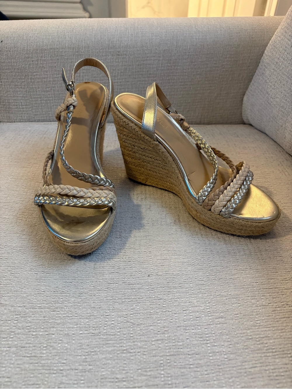 Nine West Womens Gold Braided Espadrille Wedge Sandals